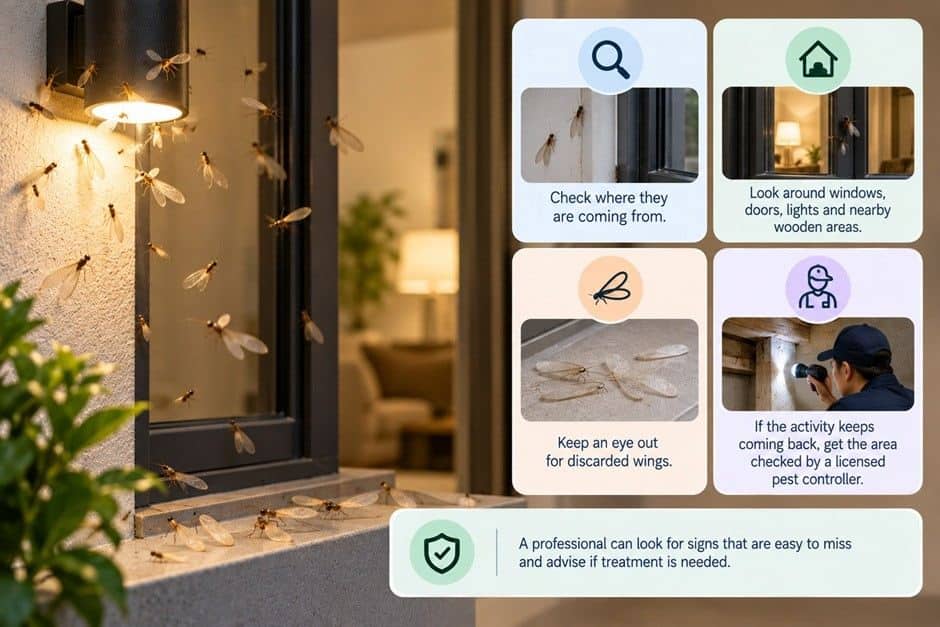 Flying termites swarming around outdoor lights and windows during monsoon season in Malaysia 